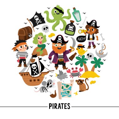 Vector pirate round frame with pirates, ship and animals. Treasure island card template or marine party design for banners, invitations. Cute sea adventures illustration with octopus, mermaid, parro