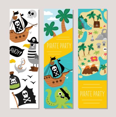 Cute pirate vertical cards set with ship, captain, chest, map, palm trees, octopus, seagull. Vector treasure island vertical print templates. Marine party bookmarks design