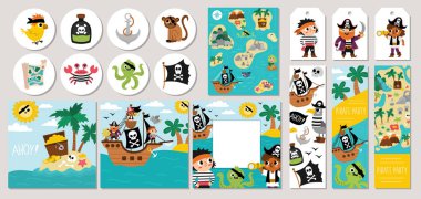 Cute pirate cards set with ship, captain, sailors, chest, map, parrot, map. Vector treasure island square, round, vertical print templates. Pirate party design for tags, postcards, ads with funny scene