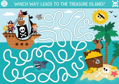 Pirate maze for kids with marine landscape, ship, treasure island. Treasure hunt preschool printable activity with chest, coins, shark, sun, palm trees. Sea adventures labyrinth game or puzzl