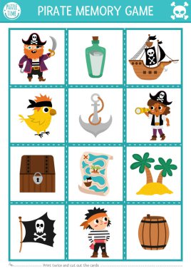 Vector pirate memory game cards with cute traditional treasure island symbols. Sea adventure matching activity. Remember and find correct card. Simple printable worksheet for kid