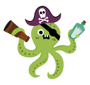 Vector pirate octopus icon. Cute sea animal illustration. One eye treasure island hunter with eye patch, telescope and bottle with map. Funny pirate party element for kids. Devilfish pictur