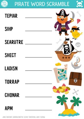 Vector pirate word scramble activity page. English language game with ship, treasure island, chest for kids. Sea adventures family quiz with map, parrot. Educational printable worksheet clipart
