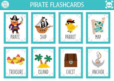 Vector pirate flash cards set. English language game with cute ship, treasure island, chest for kids. Sea adventures flashcards with map, parrot. Simple educational printable worksheet