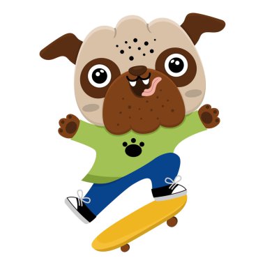Vector cartoon pug. Anthropomorphic dog doing extreme sports. Funny skating pup. Cute animal illustration for kids. Funny little pet icon with skateboard