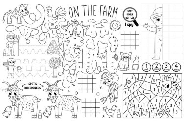 Vector on the farm placemat for kids. Country farm printable activity mat with maze, tic tac toe charts, connect the dots, find difference. Farmhouse black and white play mat or coloring pag