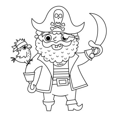 Vector black and white pirate icon. Cute line sea captain illustration. Treasure island hunter with beard, parrot, sward, cocked hat. Funny outline pirate party element or coloring page for kid
