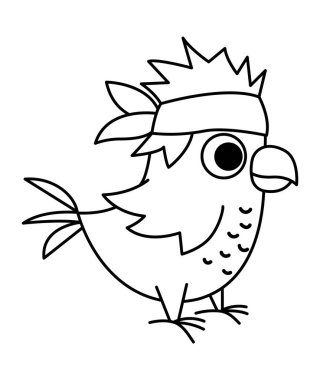 Vector black and white pirate parrot icon. Cute line sea bird illustration. Treasure island hunter in bandana. Funny pirate party element for kids. Tropic animal picture or coloring pag