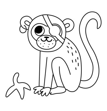 Vector black and white pirate monkey icon. Cute one eye animal illustration. Treasure island hunter with banana skin. Funny outline pirate party element or coloring page for kids. Tropic ape pictur