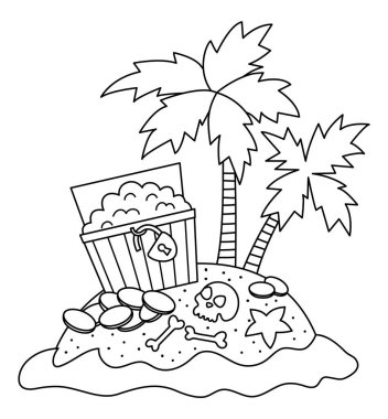 Vector black and white tropical island icon. Cute sea isle with sand, water, palm trees. Outline illustration. Treasure island picture with chest, coins, skull. Pirate party coloring pag