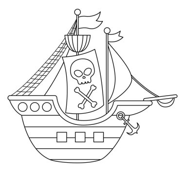 Vector black and white pirate ship icon. Cute sea vessel illustration. Line treasure island hunter boat with sails, scull and crossed bones. Funny pirate party element or coloring page for kid clipart