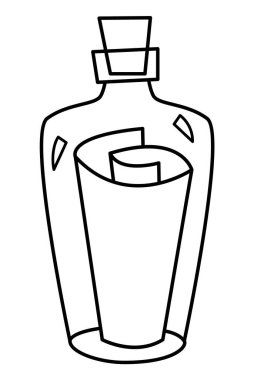 Vector black and white bottle with paper icon. Secret line pirate letter in glass container illustration. Outline marine treasure hunt picture or coloring page isolated on white backgroun