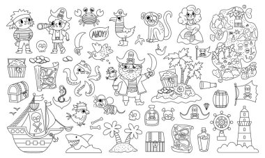 Vector black and white pirate set. Cute line sea adventures icons collection. Treasure island illustrations with ship, captain, sailors, chest, map, parrot, monkey. Pirate party coloring page for kids clipart