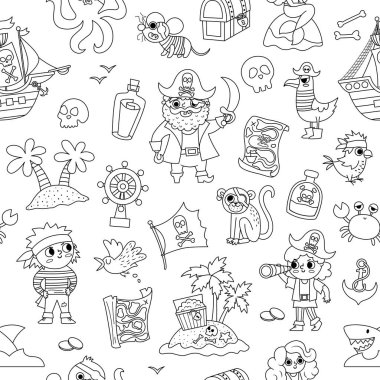 Vector black and white pirate seamless pattern. Cute line sea adventures repeat background. Treasure island digital paper with ship, captain, sailors, chest, map, parrot. Pirate party coloring pag
