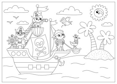 Vector black and white pirate ship scene. Line raider vessel with pirates sailing to the treasure island with palm trees. Treasure hunt illustration with sea, sun, shore. Sea landscape, coloring pag