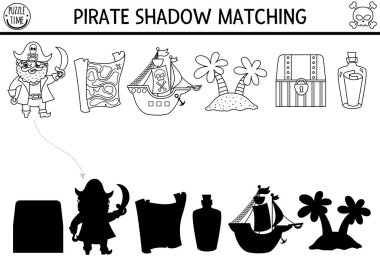 Pirate black and white shadow matching activity. Treasure island hunt line puzzle with cute pirate, map, ship, island, chest. Find correct silhouette worksheet. Sea adventures coloring page for kid