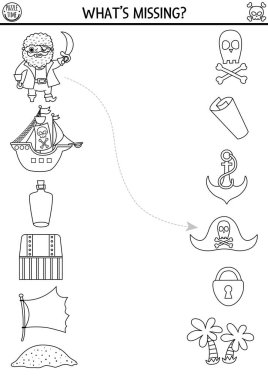 Pirate black and white matching activity with cute marine symbols. Treasure hunt puzzle with ship, chest, flag, island, bottle, anchor. Match the objects game. Sea adventures coloring pag
