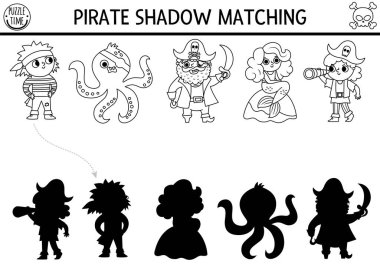 Pirate black and white shadow matching activity. Treasure island hunt line puzzle with cute pirates, mermaid, octopus. Find correct silhouette worksheet. Sea adventures coloring page for kid