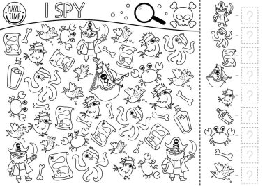 Pirate black and white I spy game for kids. Searching and counting activity with pirates, animals, birds. Treasure island hunt printable coloring page. Simple sea adventure spotting workshee