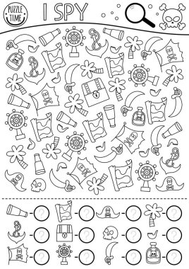 Pirate black and white I spy game for kids. Searching and counting activity with pirate accessories and symbols. Treasure island hunt coloring page. Simple sea adventure spotting workshee