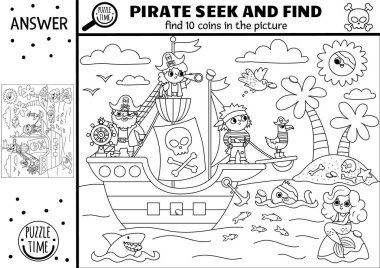 Vector black and white pirate searching game with sea landscape. Spot hidden coins in the picture. Treasure island seek and find activity for kids. Sea adventures treasure hunt coloring pag