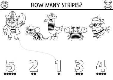 Black and white match the numbers pirate game with animals in striped shirts. Treasure island hunt math line activity for preschool kids. Sea adventures printable counting coloring pag