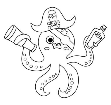 Black and white vector pirate octopus icon. Cute line sea animal illustration. One eye treasure island hunter with eye patch, telescope and bottle with map. Funny pirate party or coloring pag
