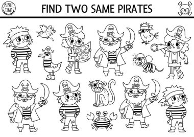Black and white find two same pirates. Treasure island line matching activity for children. Sea adventures educational quiz worksheet or coloring page for kids for attention skill