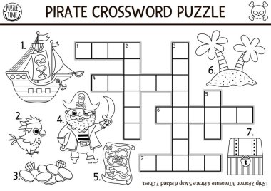 Black and white vector pirate crossword puzzle for kids. Simple line treasure island quiz for children. Educational activity with ship, parrot, map, chest. Cute cross word or coloring pag