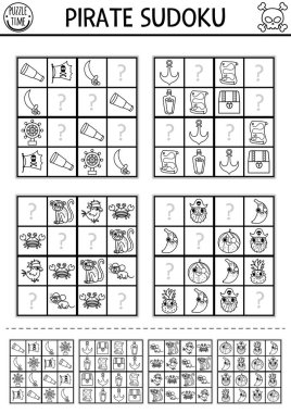 Black and white vector pirate sudoku puzzle for kids with pictures. Simple line treasure island quiz with answer. Education activity or coloring page. Draw missing object