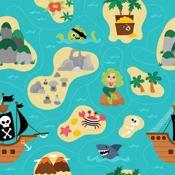 矢量宝藏岛无缝模式与海盗船 美人鱼 热带海岛 棕榈树 岩石的美丽重复背景 宝岛数码纸E — 图库矢量图片