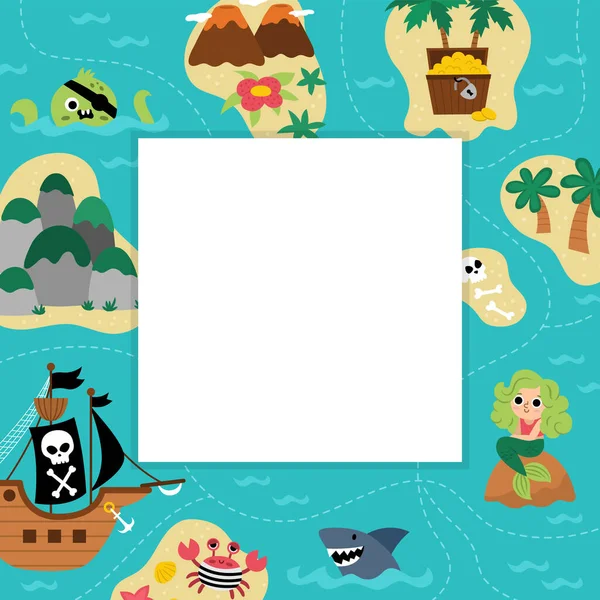 海盗派对贺卡模板与可爱的海洋景观设计或地图 有宝岛风貌或儿童邀请函的正方形海报 色彩艳丽的大海假日图解 — 图库矢量图片
