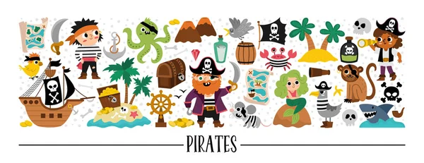 Vector Pirate Horizontal Set Sailors Animals Sea Adventures Card Template — Stok Vektör