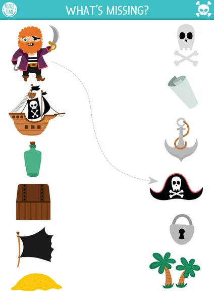 海盗匹配活动与可爱的海洋符号 拼图寻宝 匹配对象游戏 海上探险与可打印的木料相匹配 — 图库矢量图片