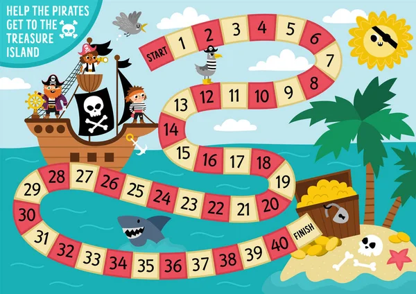 かわいい海賊船の狩猟宝を持つ子供のための海賊サイコロボードゲーム 宝島の狩猟ボードゲーム海賊 海の冒険印刷可能なアクティビティやワークショップ — ストックベクタ