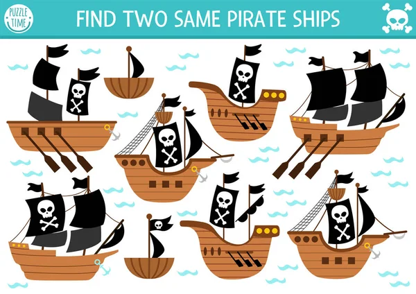 找两艘相同的海盗船为儿童开展宝岛匹配活动 海上探险教育测验工作坊为孩子们提供关注技巧的工作坊 简单的可打印游戏与可爱的船 — 图库矢量图片