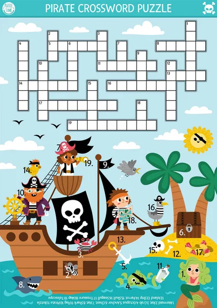 Векторный Пиратский Кроссворд Детей Просто Сокровищница Острова Морским Пейзажем Детей — стоковый вектор