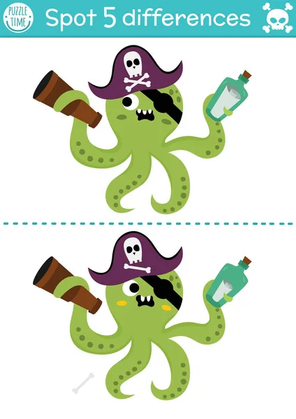 为孩子们找出不同的游戏 海上探险教育活动与可爱的海盗章鱼和地图在瓶子里 宝岛拼图为具有滑稽性格的孩子 可打印工作表E — 图库矢量图片