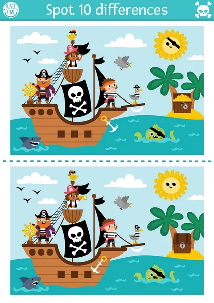 为孩子们找出不同的游戏 与可爱的海盗船和珍宝岛一起进行海上冒险教育活动 给有滑稽场面的孩子的字谜 船用可打印工作表或包装袋 — 图库矢量图片