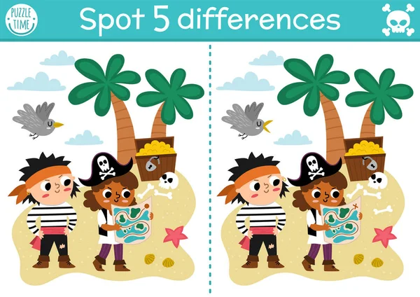 Find Differences Game Children Sea Adventures Educational Activity Cute Pirates — Vetor de Stock