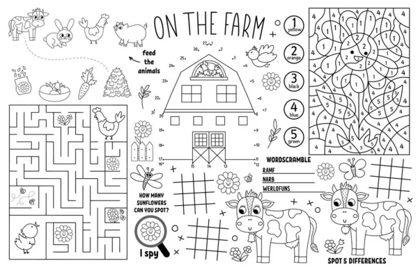 Vector Farm Placemat Kids Country Farm Printable Activity Mat Maze — Vetor de Stock