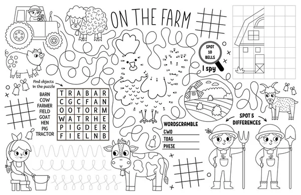 Διάνυσμα Στην Φάρμα Για Παιδιά Χώρα Αγρόκτημα Εκτυπώσιμη Χαλάκι Δραστηριότητα — Διανυσματικό Αρχείο