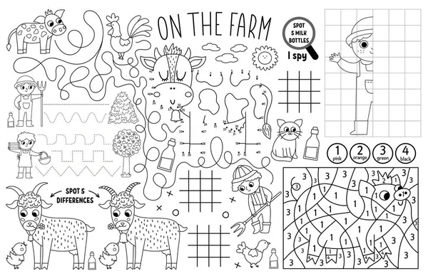 Vector Farm Placemat Kids Country Farm Printable Activity Mat Maze — Stockvektor