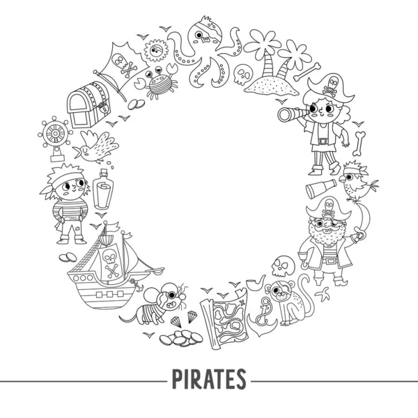 Vector Black White Pirate Frame Pirates Ship Animals Line Treasure — Stockový vektor