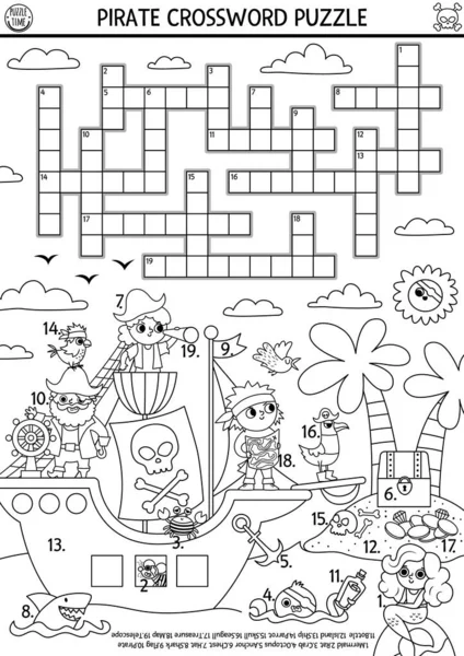 Black White Vector Pirate Crossword Puzzle Kids Simple Line Treasure — Stock Vector