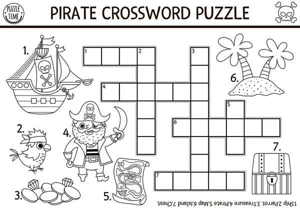 给孩子们的黑白矢量海盗填字游戏 为孩子们提供简单的线路宝岛测验 教育活动与船 有趣的交叉字或着色桶 — 图库矢量图片