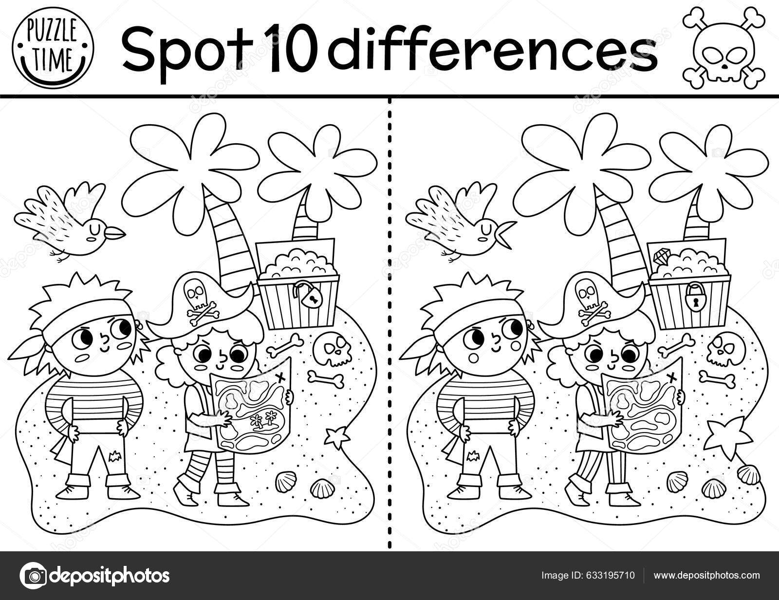 Black White Find Differences Game Children Sea Adventures Line