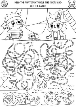 Black and white pirate maze for kids with ship, sea and kid sailors. Treasure hunt line preschool printable activity. Sea adventures labyrinth coloring page or puzzl