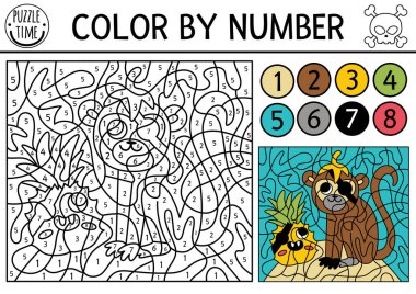 Vector pirate color by number activity with monkey and kawaii pineapple. Treasure island scene. Black and white counting game with cute animal. Sea adventures coloring page for kid