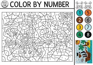 Vector color by number activity with pirate ship. Treasure island scene. Black and white counting game with cute boat, scull, crossbones. Sea adventures coloring page for kid